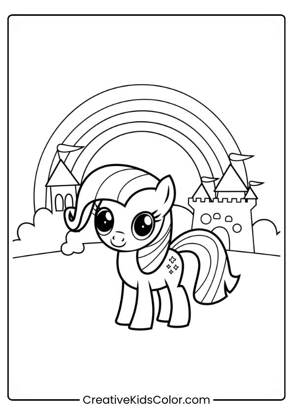 A Cute Rainbow Pony Stands In Front Of A Castle With A Rainbow Overhead, Ready For A Magical Coloring Adventure.