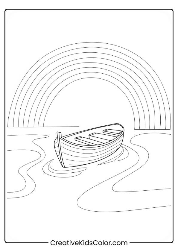 A Boat Sails Peacefully Along A River Under A Bright Rainbow In This Calm And Reflective Coloring Sheet.