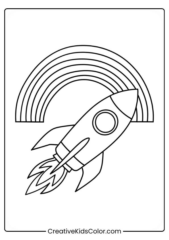 A Rocket Shoots Through The Sky Under A Rainbow, Perfect For A Thrilling Space-Themed Coloring Adventure.