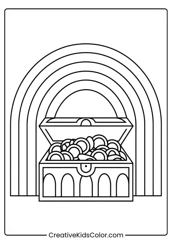 A Treasure Chest Filled With Gold Sits Under A Rainbow, Inviting You On A Treasure Hunt Adventure In This Coloring Page.
