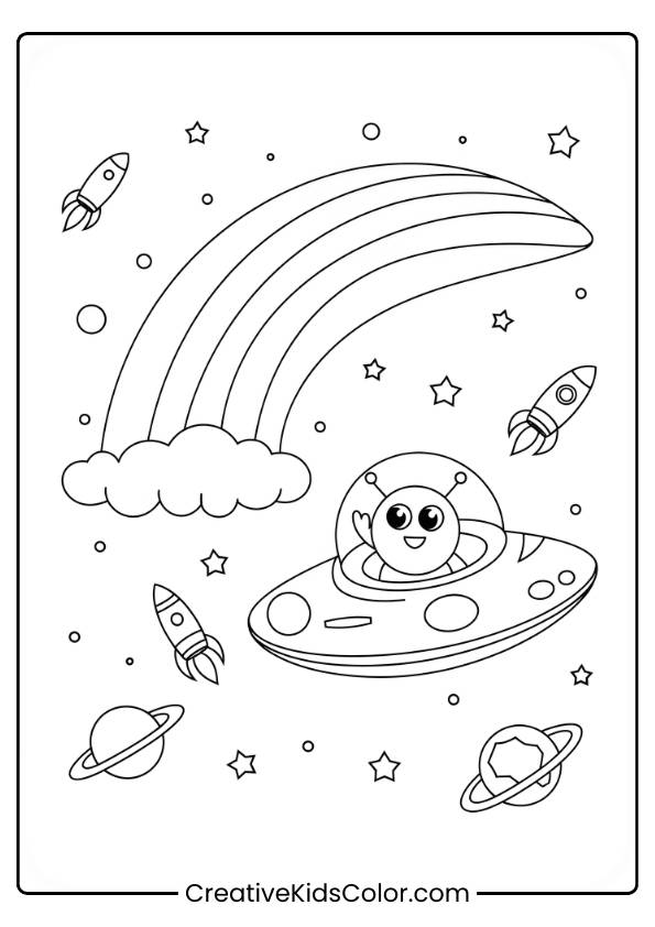 A Friendly Alien Explores Space Under A Bright Rainbow In This Cosmic-Themed Coloring Page, Ready For Some Out-Of-This-World Fun.