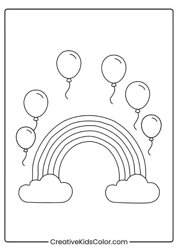Balloons float joyfully under a rainbow in this fun sky-themed coloring page, perfect for young artists.