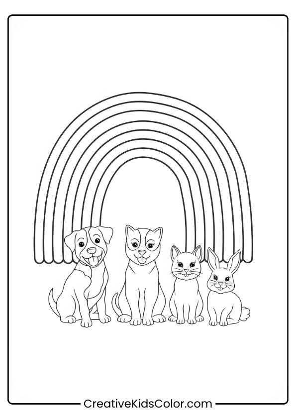 A Group Of Adorable Pets Sits Under A Bright Rainbow, Ready For A Colorful And Fun-Filled Coloring Session.
