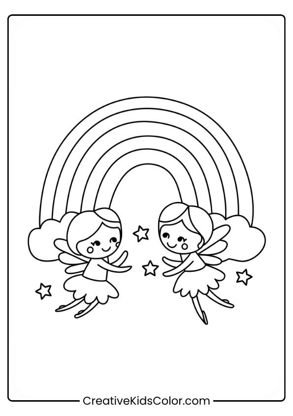 Two Fairies Float Under A Colorful Rainbow, Creating A Magical Scene To Color In This Enchanting Page.