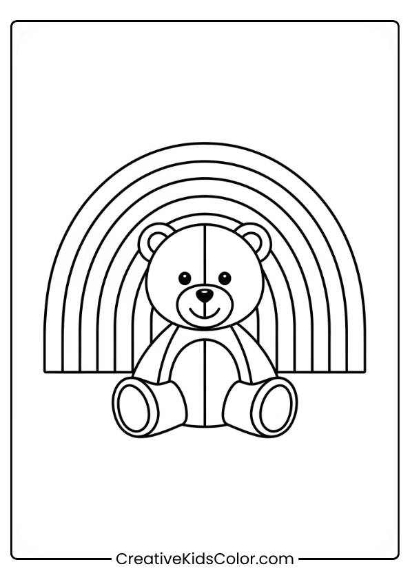 A Cute Teddy Bear Sits Happily Under A Rainbow, Creating A Peaceful And Joyful Scene To Color.