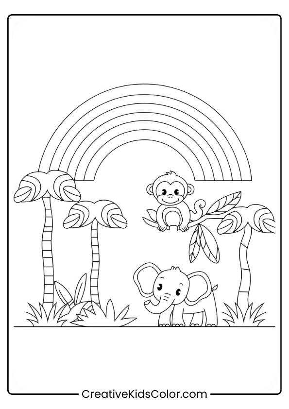 A Vibrant Rainbow Arches Over Jungle Animals, Creating A Fun And Adventurous Jungle Scene In This Coloring Page.