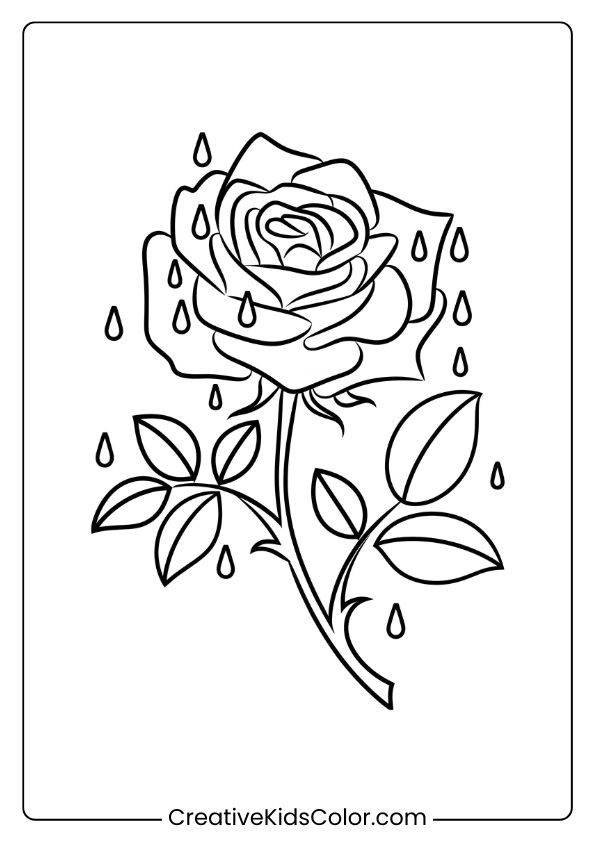 Coloring Page Of A Rose With Raindrops On Petals, Creating A Fresh, Natural Look Perfect For Intricate Coloring.