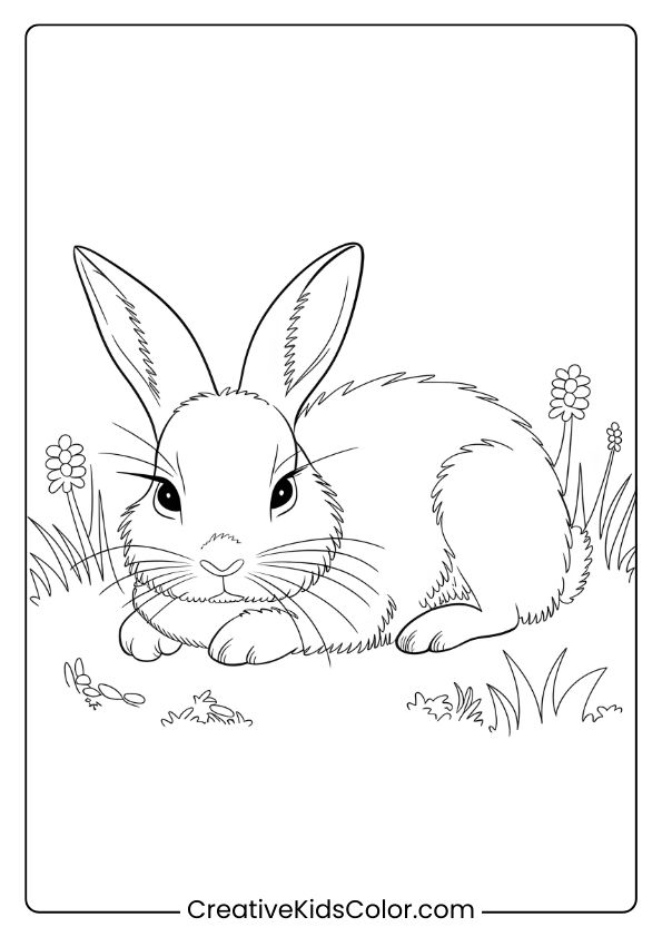 Detailed Coloring Page Of A Realistic Bunny Lying In A Meadow, Ideal For Capturing The Beauty Of Nature.