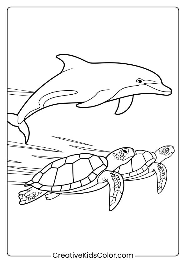 A Realistic Dolphin Swimming With Sea Turtles, A Vibrant Coloring Page Scene.