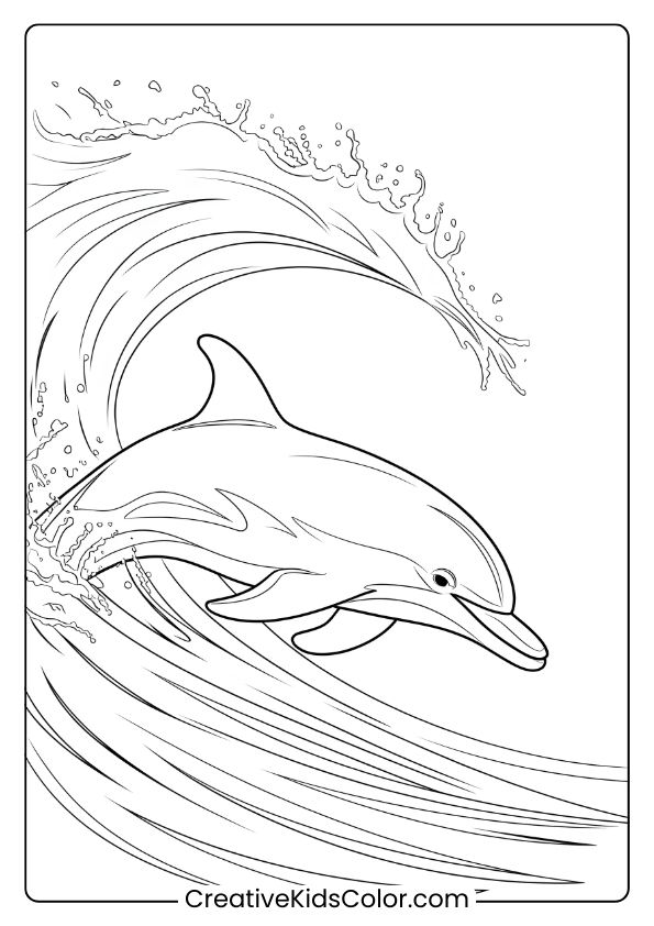 A Realistic Dolphin Surfing Ocean Waves, Perfect For A Dynamic Coloring Page.