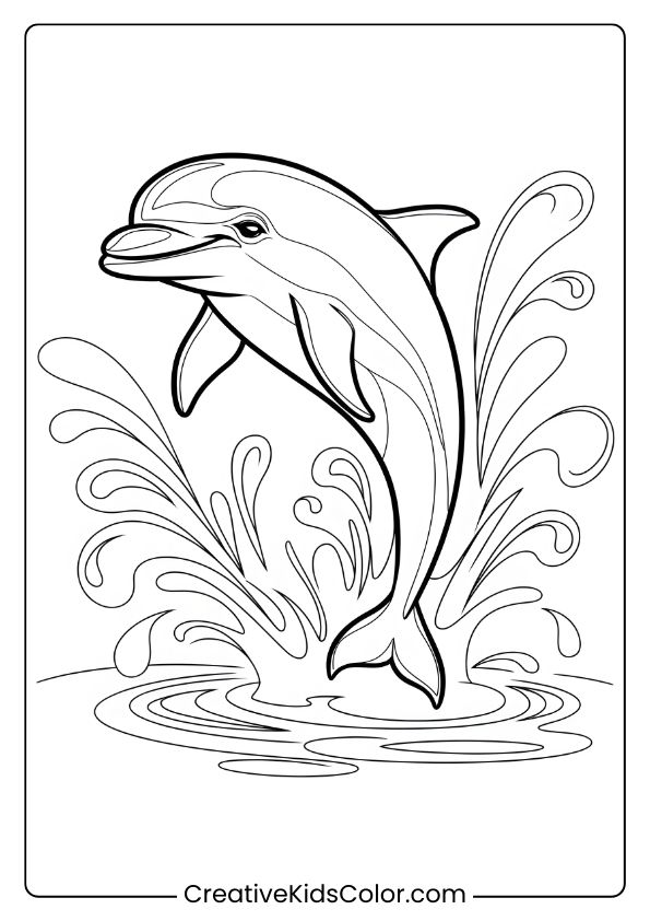 A Realistic Dolphin Leaping From Blue Waters, Showcasing A Detailed Splash For A Coloring Page.