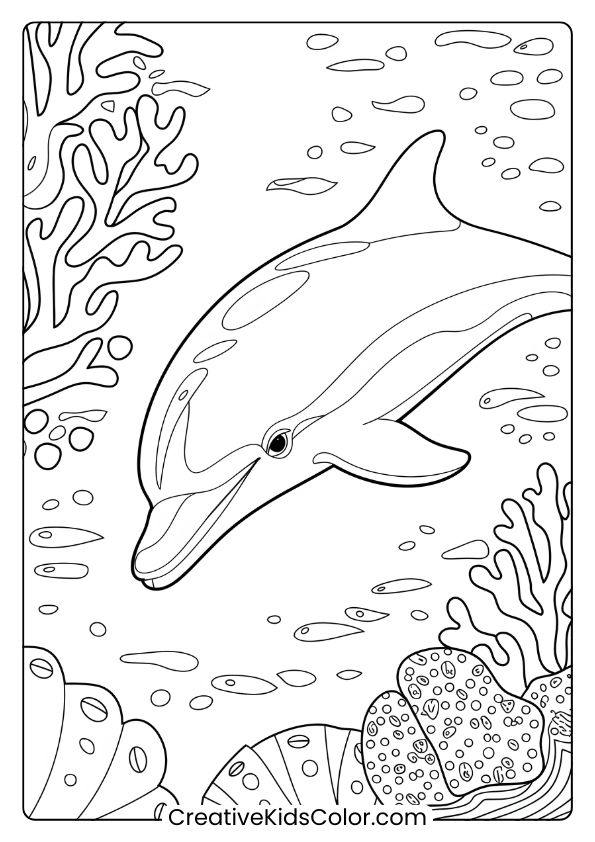 A Realistic Dolphin Surrounded By Coral Reefs, Highlighting Marine Beauty For A Coloring Page.