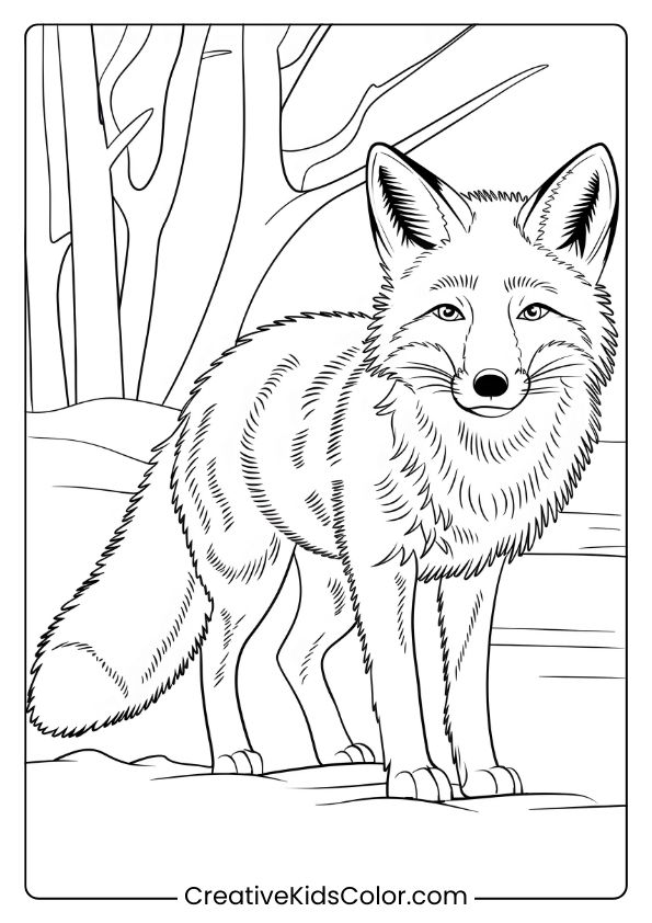 Fox Coloring Page Of A Realistic Fox In A Serene Snowy Forest, Standing Attentively Among Bare Trees In A Winter Setting.