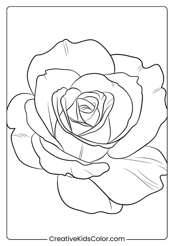 Close-Up Rose Coloring Page With Realistic Petals In Full Bloom, Capturing Natural Beauty And Symmetry.