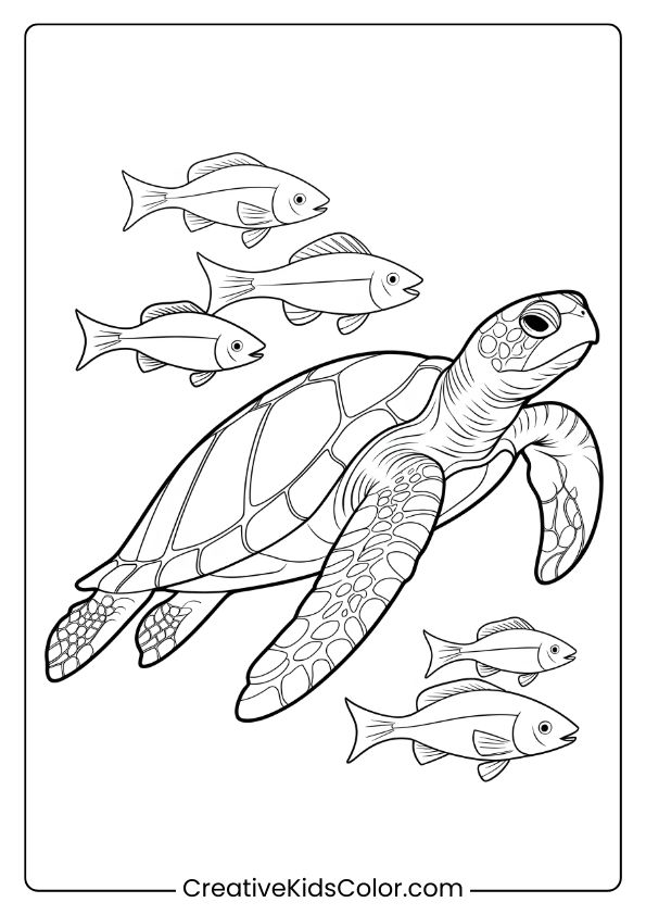 Detailed Sea Turtle Coloring Page With A Turtle Swimming Alongside Fish, Emphasizing Ocean Life.