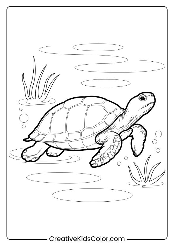 Realistic Turtle In Water Coloring Page, Showcasing A Serene Underwater Scene With Gentle Movement.
