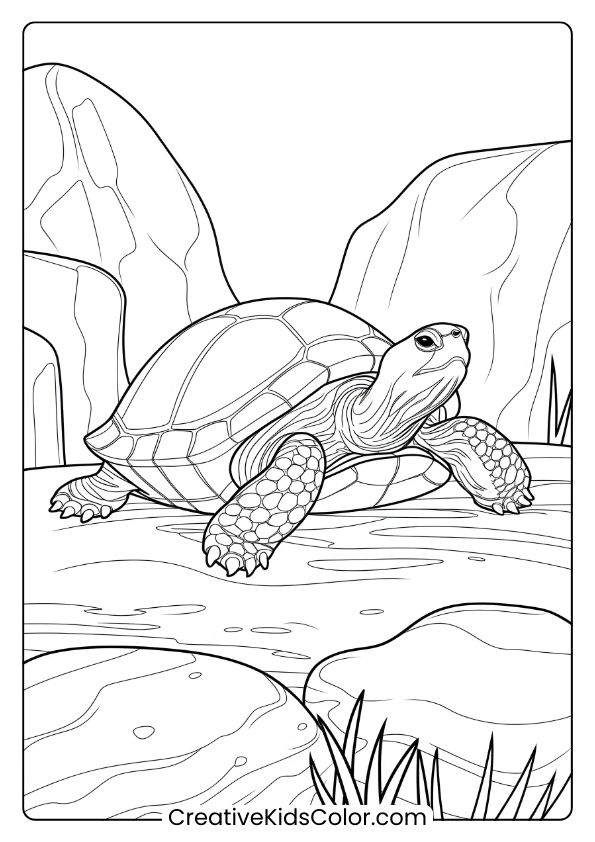 Realistic Turtle On Rocks Coloring Page, Highlighting The Turtle In A Rugged, Natural Setting.