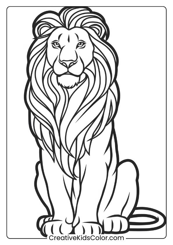 A Regal Lion With A Flowing Mane, Providing A Majestic And Detailed Lion Coloring Page For Children.