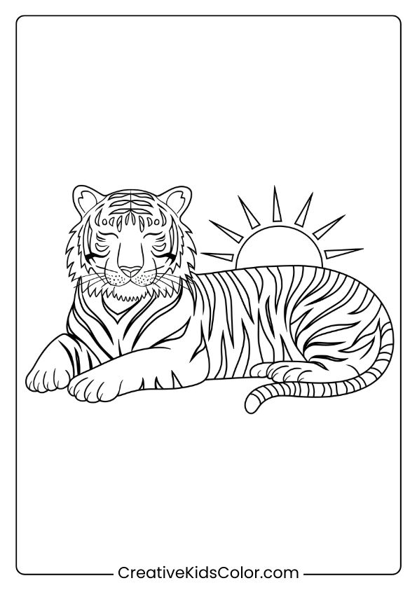 Relaxing Tiger Coloring Page With A Calm Tiger Resting, Featuring A Stylized Sun In The Background.