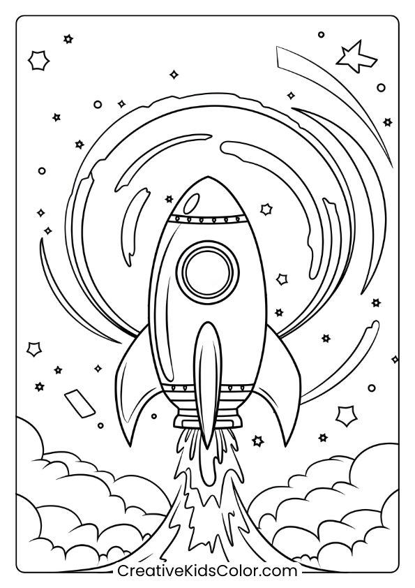 Coloring Page Of A Rocket Blasting Through Space With Swirling Cosmic Trails, Ideal For Adventurous Coloring.