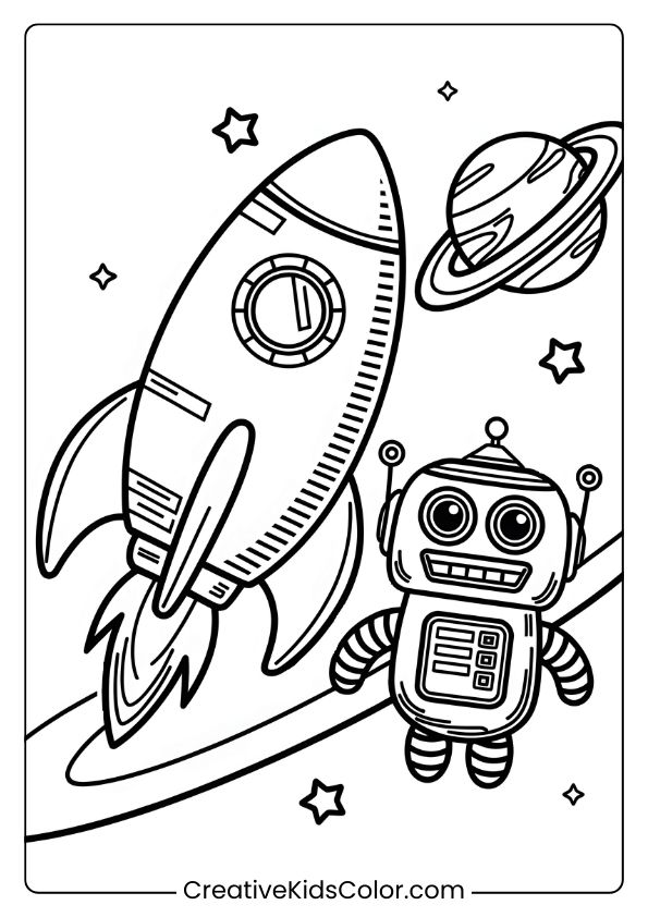 Coloring Page Of A Rocket And Space Robot Exploring Near A Ringed Planet, Bringing A Fun Space Adventure To Life.