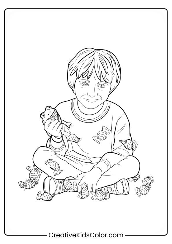 Ron Weasley Sits Cheerfully Covered In Chocolate Frog Wrappers, Holding A Toy Frog, Creating A Fun And Lighthearted Scene In This Coloring Page.