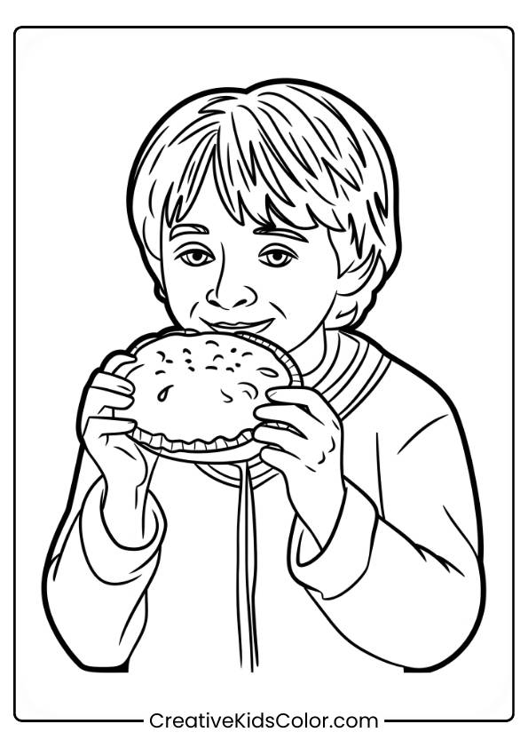 Ron Weasley Holds A Cornish Pastie, Savoring The Flavor, While Seated In A Relaxed Position In This Fun And Simple Coloring Page.