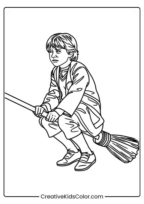 Ron Weasley Rides A Broomstick, Looking Nervous But Determined, Ready For His First Quidditch Match, In This Thrilling Coloring Page.