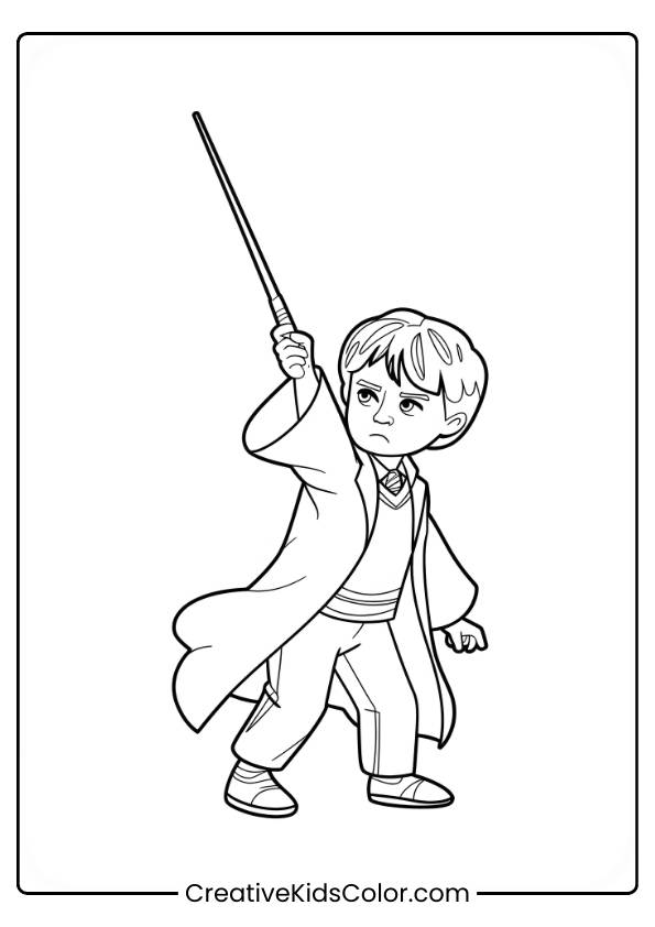 Ron Weasley Stands With His Wand Raised, Practicing Spells With Determination In This Magical Coloring Page.