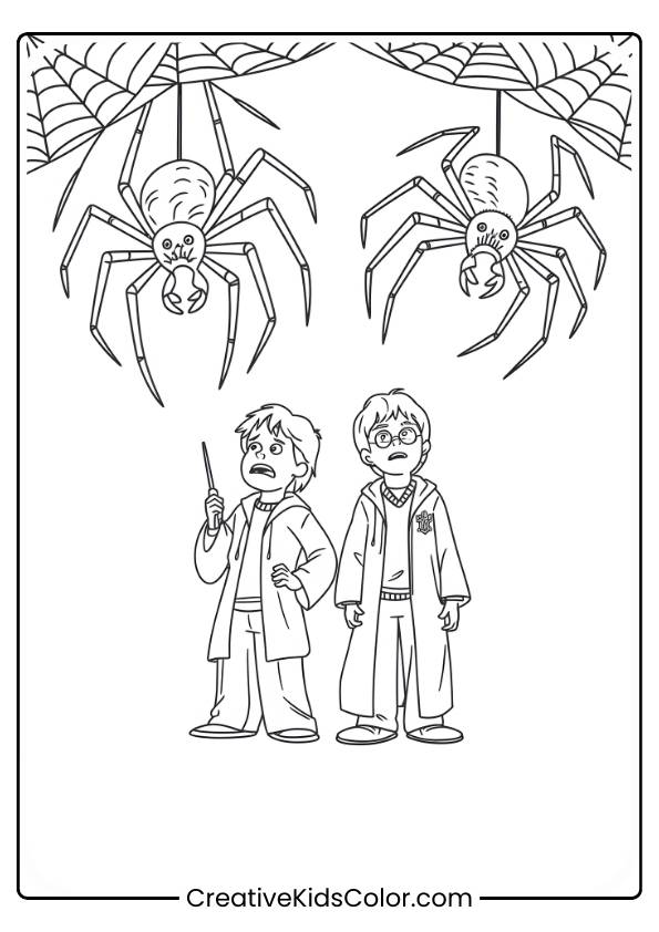 Ron And Harry Stand Beneath A Web, Fighting Off Giant Spiders With Their Wands, Creating A Tense Scene In This Coloring Page.