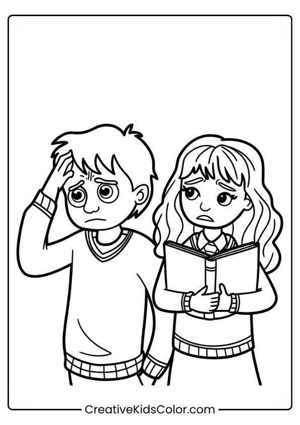 Ron And Hermione Appear Anxious, Holding A Book And Preparing For An Upcoming Test, In This Relatable Coloring Page.