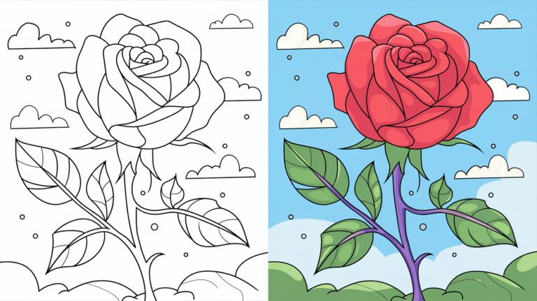 Coloring Page Cover Of A Rose With Side-By-Side Views: Black And White Line Drawing On The Left And Vibrant Color Version With Sky Background On The Right.