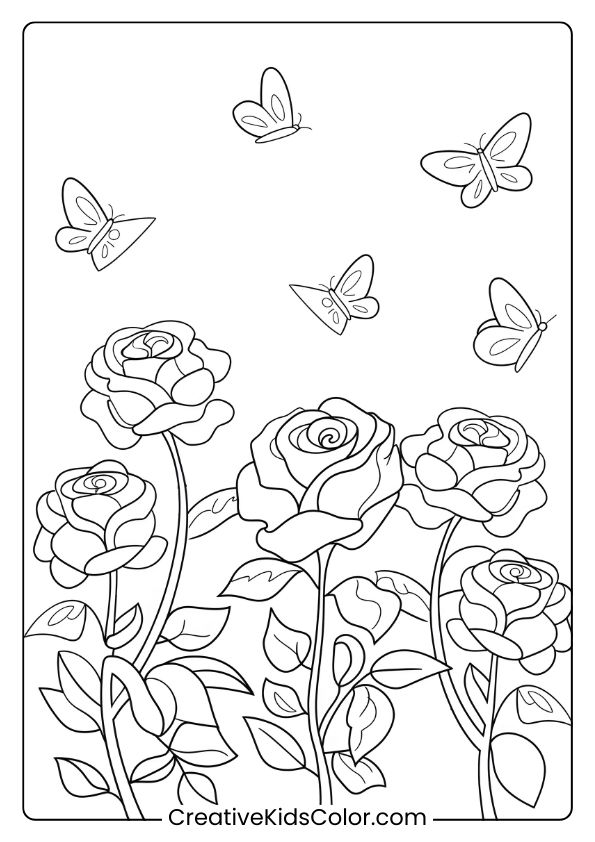 Coloring Page Of Roses With Butterflies, Perfect For Capturing The Beauty Of Flowers And Nature In Harmony.