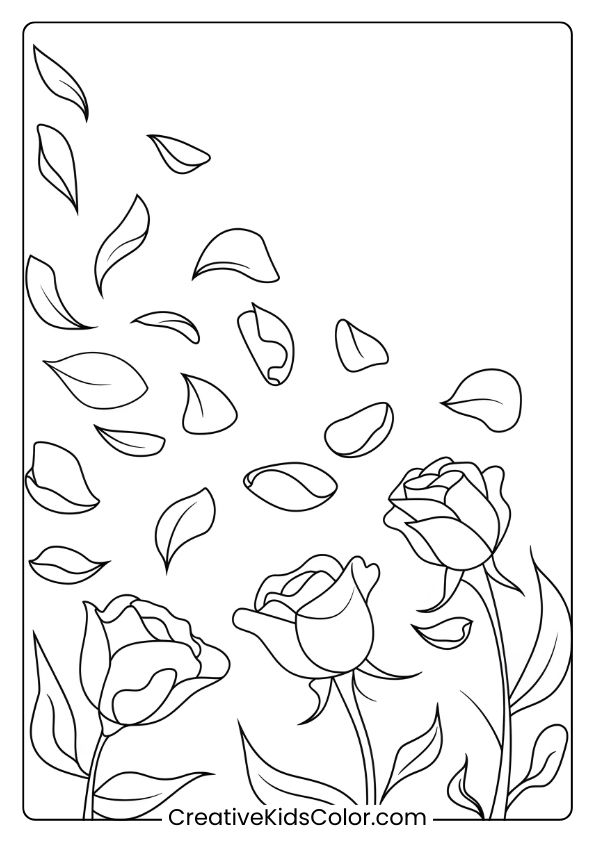 Coloring Page Of Roses With Petals Scattered In The Wind, Creating A Dynamic, Gentle Scene For Coloring.