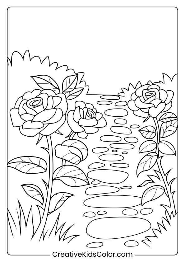 Coloring Page Of Roses Beside A Stone Path, Capturing The Charm Of A Peaceful Garden Scene With Intricate Details.