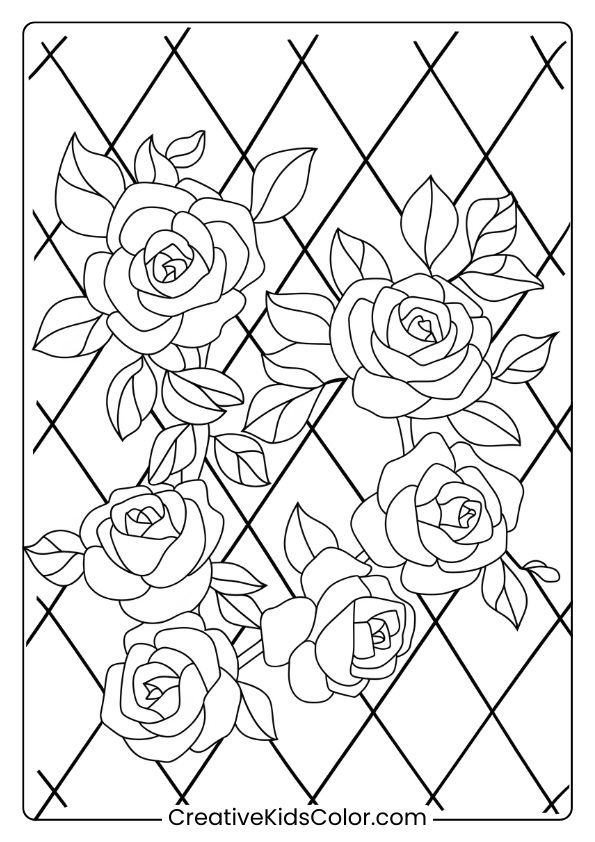 Coloring Page Of Roses Climbing A Trellis, Combining Floral Details With A Structured Design Perfect For Coloring.