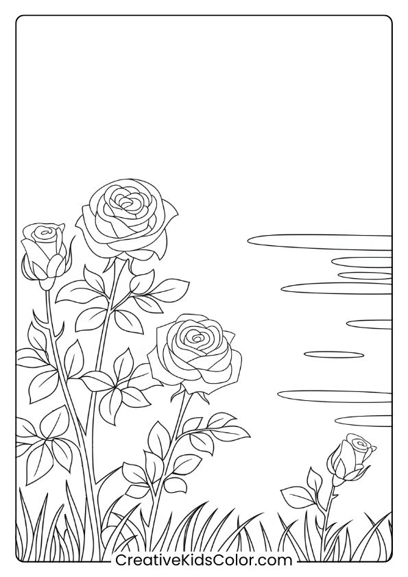 Coloring Page Of Roses Near A Pond, Blending Floral And Water Elements For A Serene, Peaceful Coloring Experience.