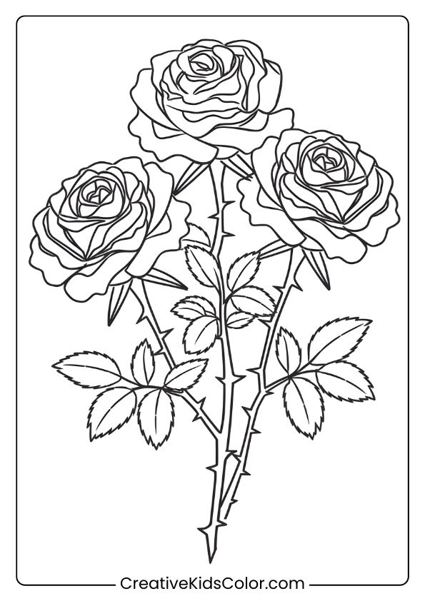 Detailed Coloring Page Of Three Roses With Thorns, Showcasing Natural Beauty And Contrast In A Floral Arrangement.