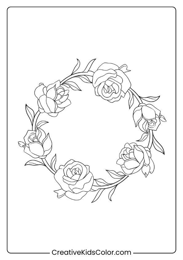 Rose Wreath Coloring Page With Detailed Petals And Leaves, Creating A Balanced, Decorative Floral Circle.
