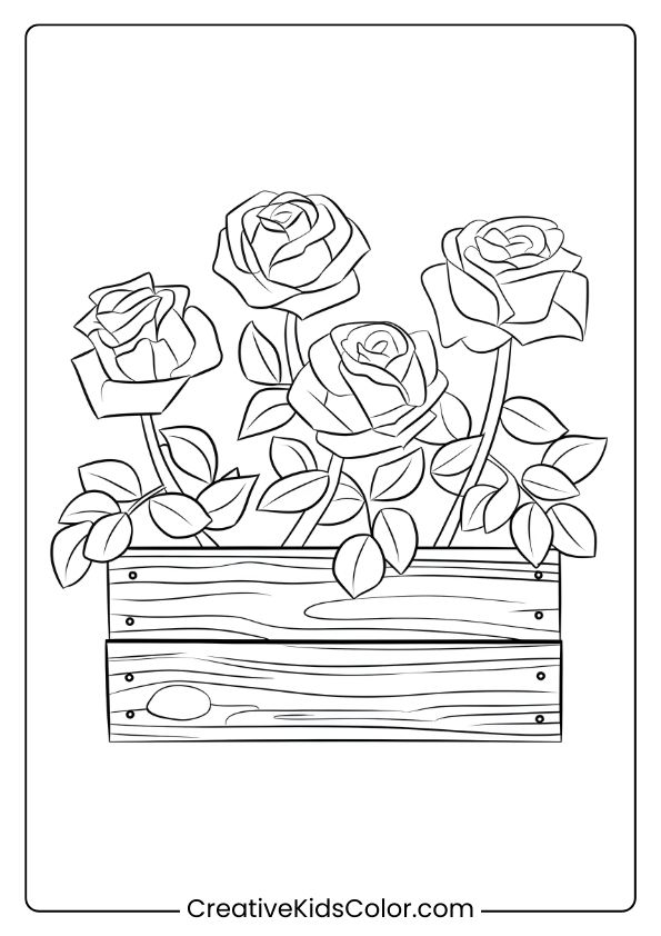 Coloring Page Of Roses In A Flower Box, Combining The Rustic Charm Of Wood With Floral Beauty.