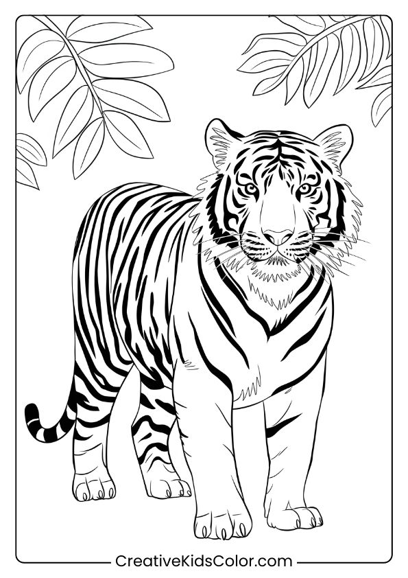 Royal Bengal Tiger Coloring Page With A Tiger Standing Among Tropical Leaves, Displaying Bold Stripes.