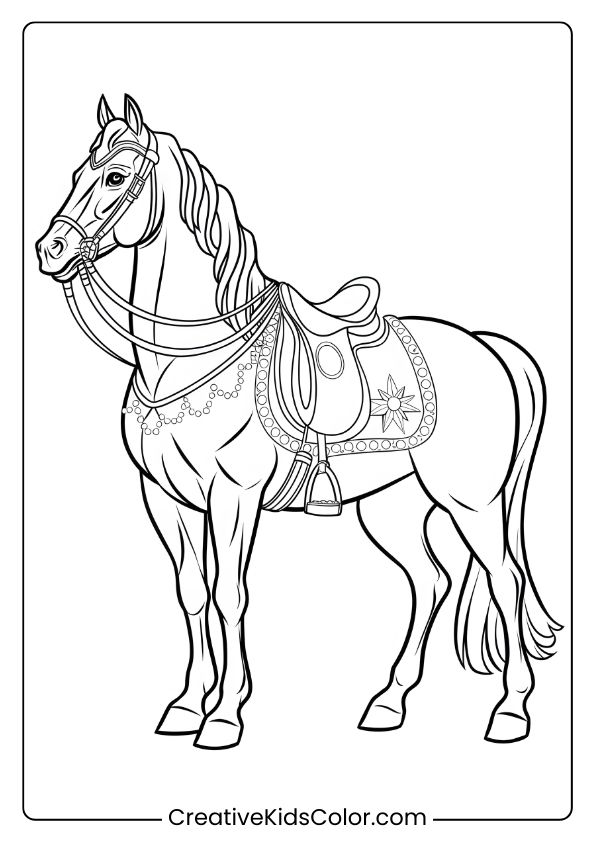 A Regal Horse With Glittering Saddle, Perfect For A Luxurious-Themed Coloring Page.