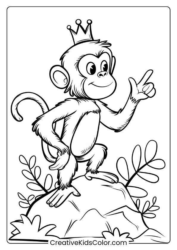 Coloring Page Showing A Monkey Standing With Pride, Hands On Hips And A Confident Expression.