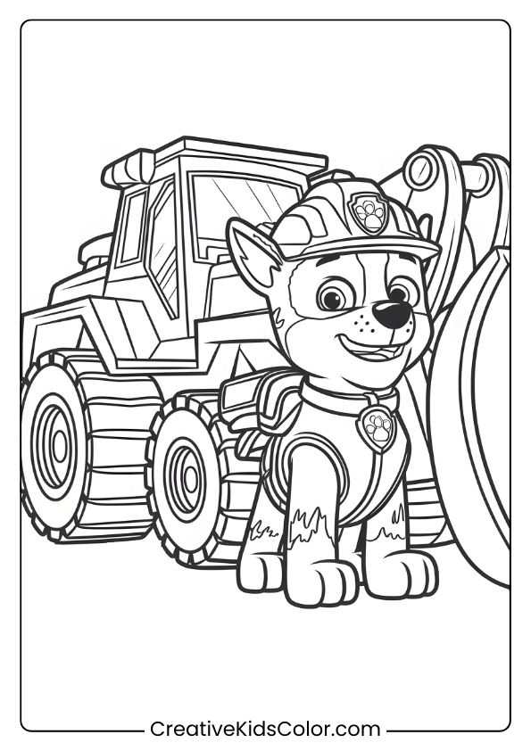 Paw Patrol Ausmalbild Mit Rubble Neben Einem Bulldozer, Mit Seinem Bauhelm Und Einer Weste.
