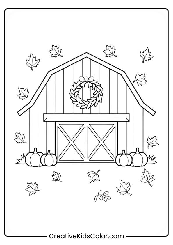 This Scene Of A Rustic Barn With Pumpkins And A Wreath Is Captured In This Autumn Coloring Page.