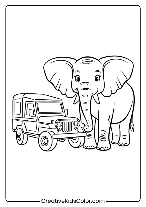 Coloring Page Of An Elephant Beside A Safari Jeep.