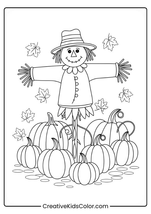 A Scarecrow Guarding A Pumpkin Patch In A Fall Garden Is Shown In This Coloring Page.