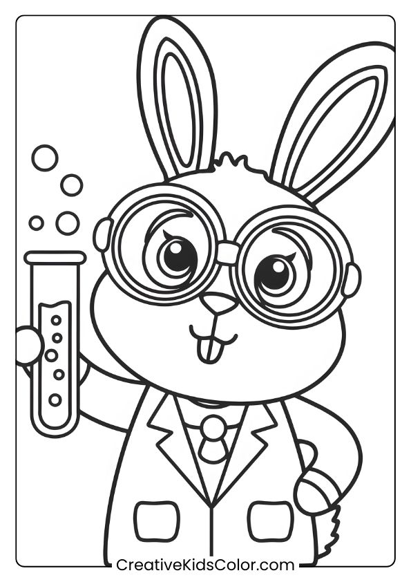 Coloring Page Of A Scientist Bunny With Goggles And A Test Tube, Ideal For Imaginative And Fun Science Scenes.