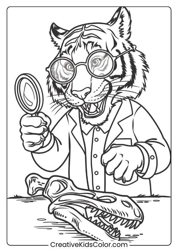 Scientist Tiger Coloring Page With A Tiger Examining A Dinosaur Skull, In A Lab Coat And Glasses.
