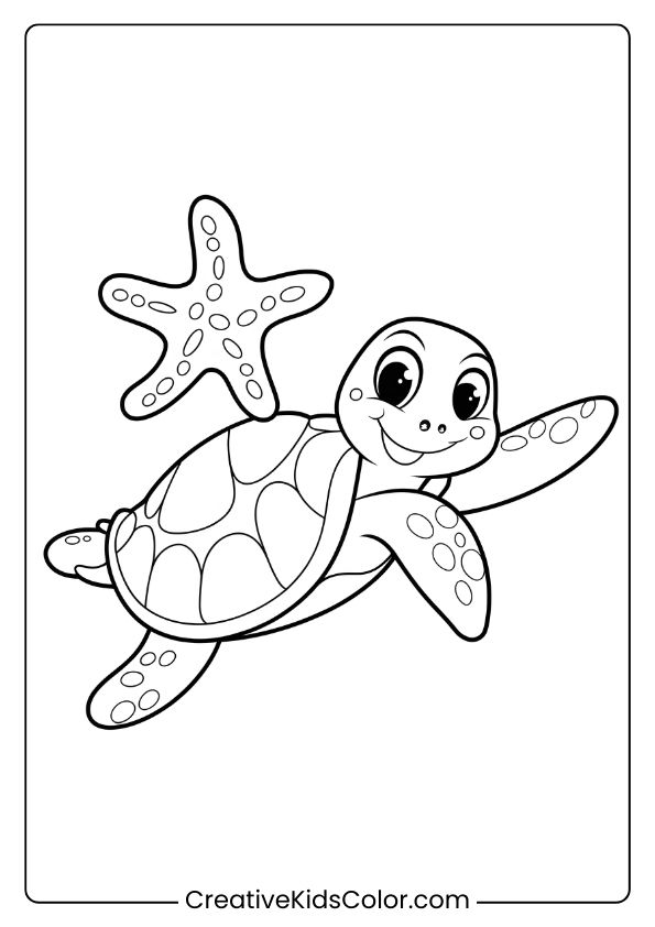 Sea Turtle And Starfish Coloring Page, Highlighting Friendship In A Simple And Serene Underwater Scene.